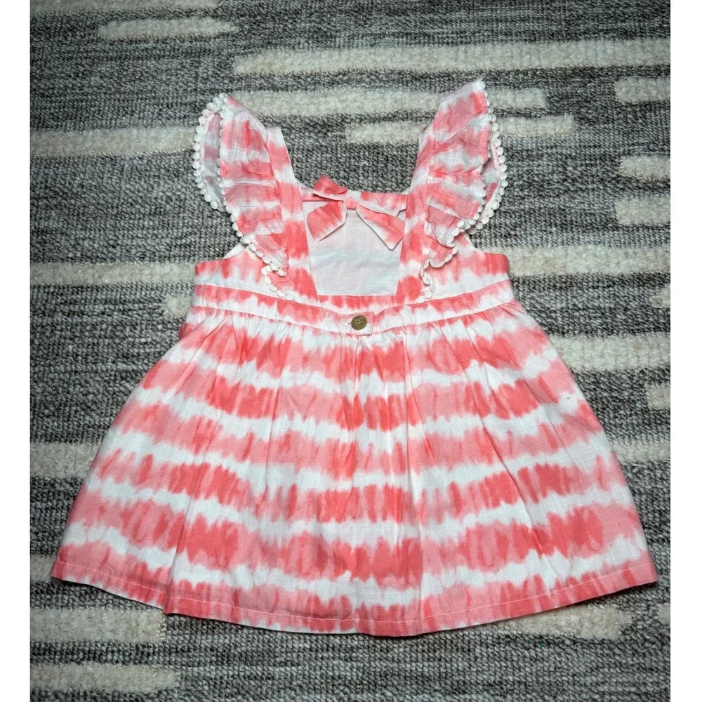 Tommy Bahama Girls 4T Coral Tie Dye Ruffle Pom Pom Bow Back Cotton Sun Dress